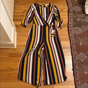 Striped Wrap Jumpsuit in Navy, Mustard & Blush